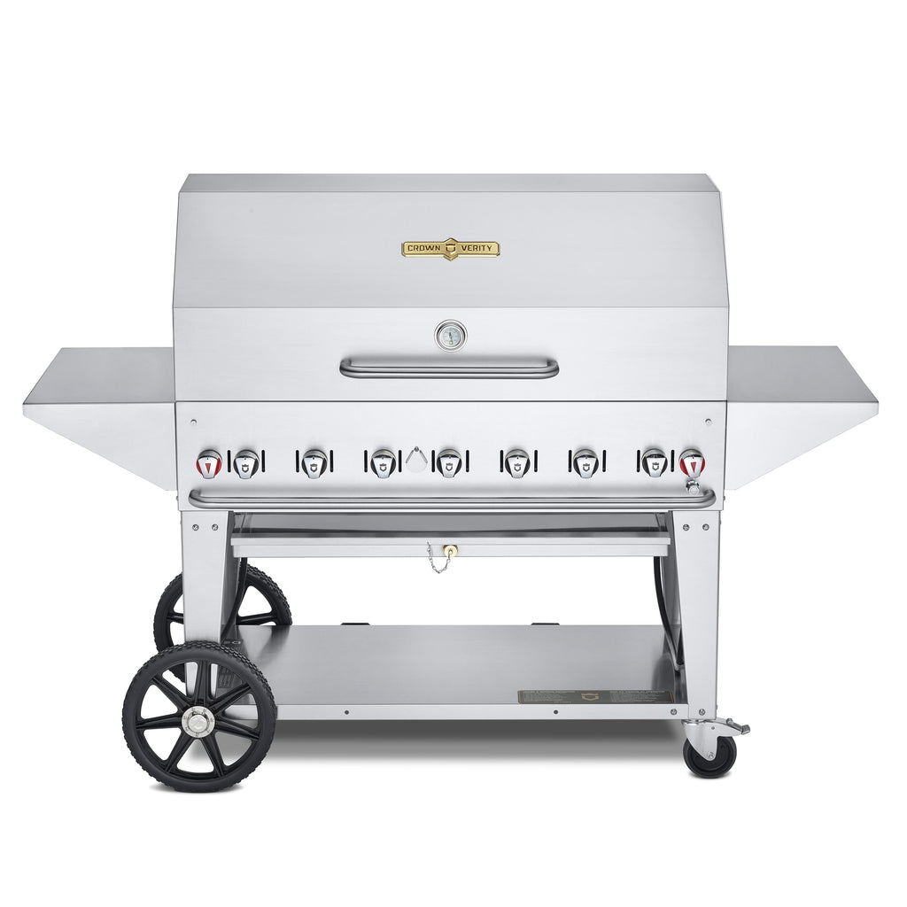 Crown Verity 48" Mobile Grill Pro Package, with Roll Dome, (2) Removable End Shelves, Adjustable Bun Rack & Barbecue Cover
