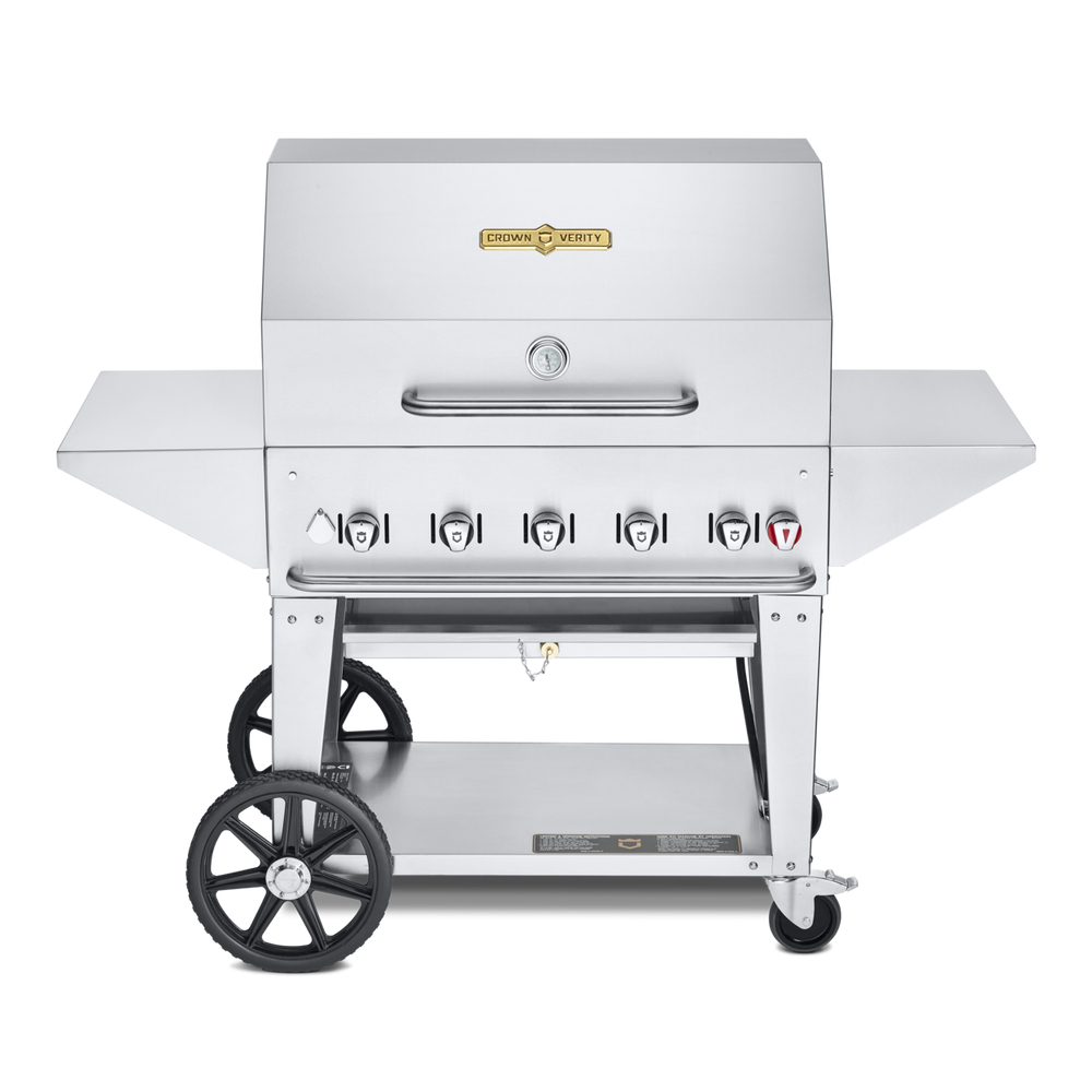 Crown Verity 36" Mobile Grill Pro Package, with Roll Dome, (2) Removable End Shelves, Adjustable Bun Rack & Barbecue Cover